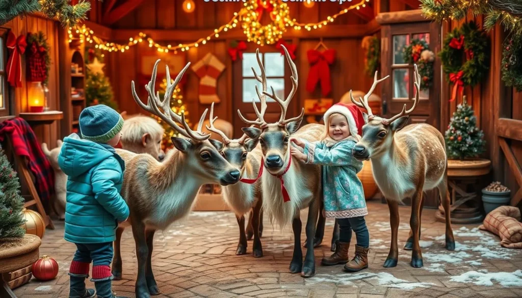 Generate an image of children interacting with reindeer at the Elf's Farmyard.