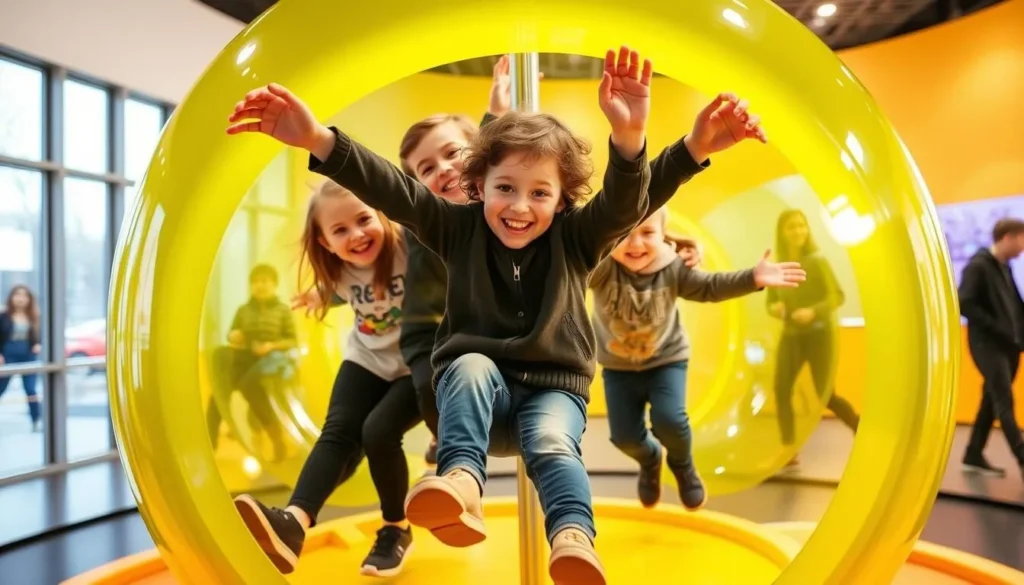 Generate an image of children interacting with the human gyroscope at the Vitensenteret Science Center.