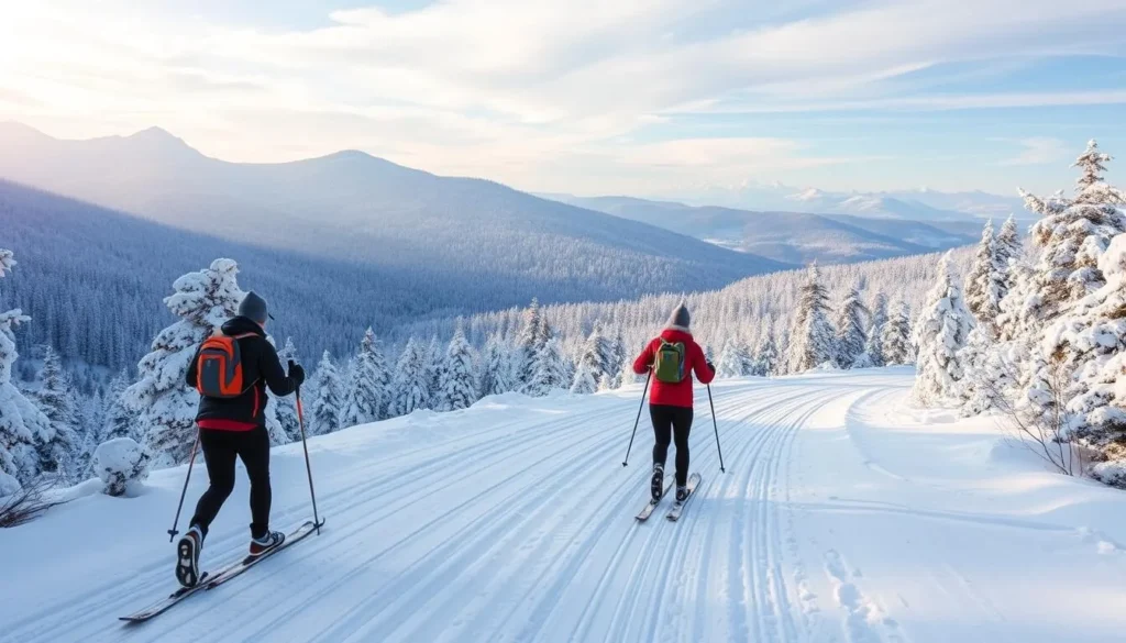 Generate an image of cross-country skiers navigating through the serene, snow-covered trails of Jeseníky.