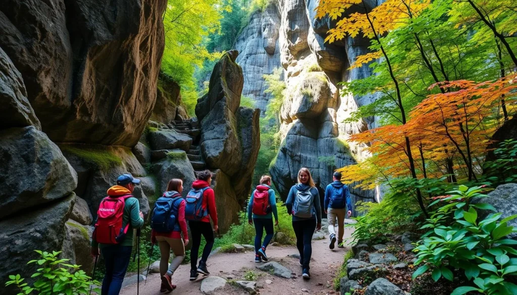 Generate an image of hikers on the Inner Sanctum Trail at Ausable Chasm