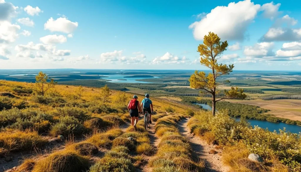 Generate an image of hikers or cyclists enjoying Öland's extensive trail network.