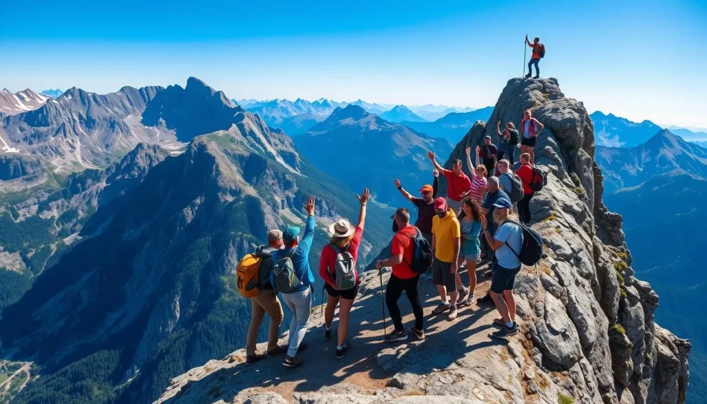 Generate an image of hikers reaching the Trolltunga rock formation