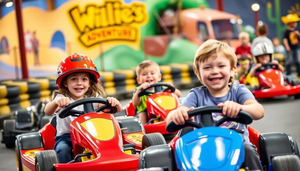 Generate an image of kids enjoying the go-kart track at Wild Willie's Adventure Zone.
