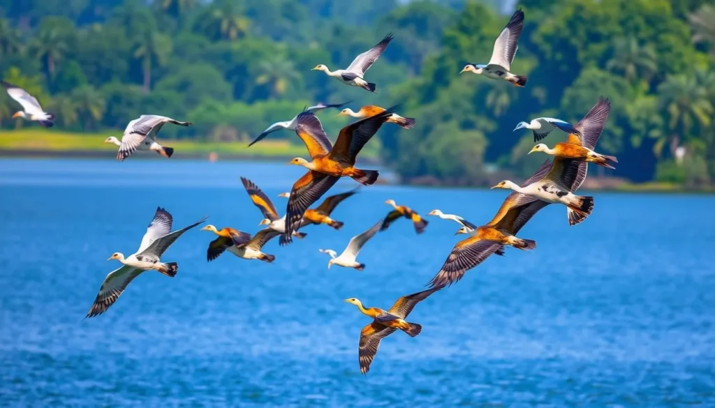 Generate an image of migratory birds at Kumarakom Bird Sanctuary