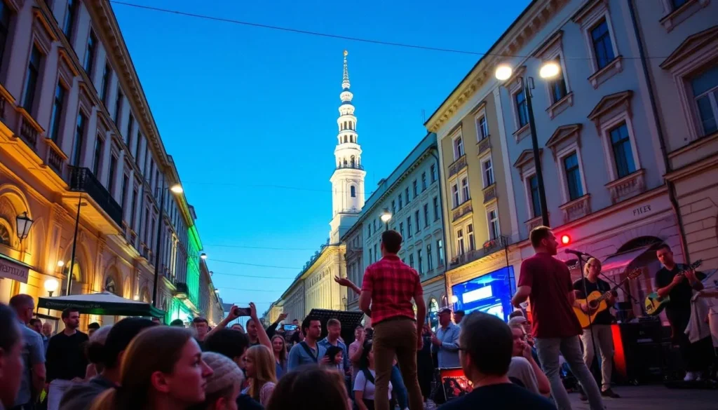 Generate an image of musicians performing on the streets of Vilnius during Street Music Day.