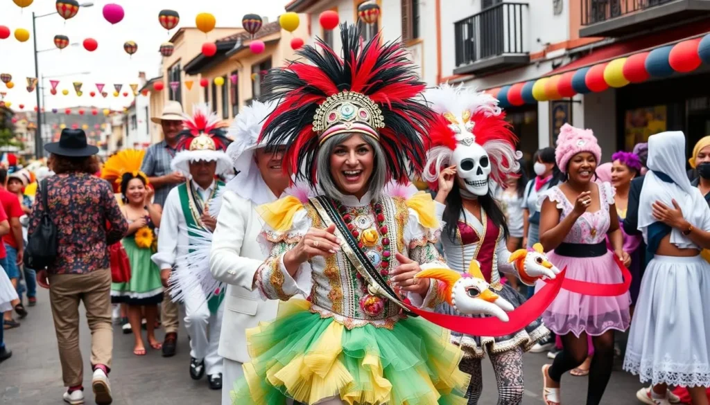 Generate an image of people celebrating Carnaval de Blancos y Negros in Pasto, Colombia.