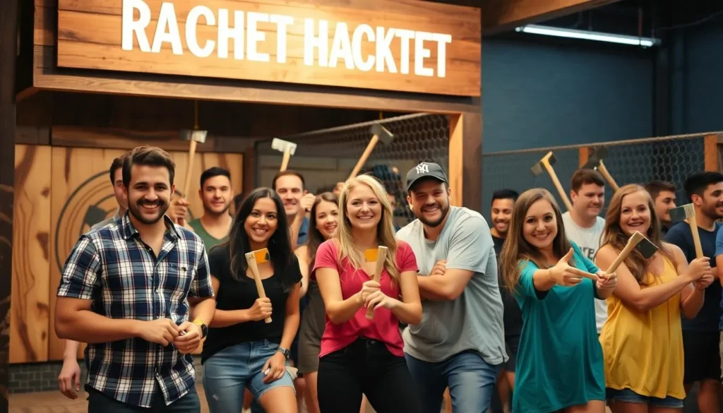 Generate an image of people enjoying axe throwing at Ratchet Hatchet, with a fun and social atmosphere.