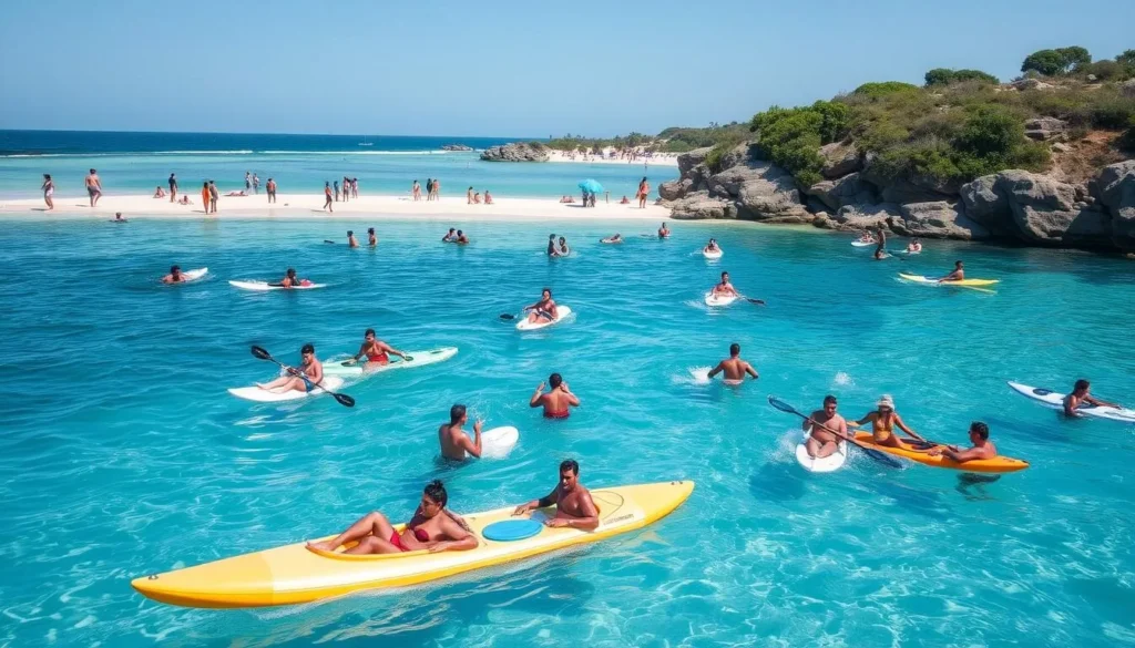 Generate an image of people enjoying various water activities on Ilha Comprida's beautiful beaches. Generate an image of people enjoying various water activities on Ilha Comprida's beautiful beaches.