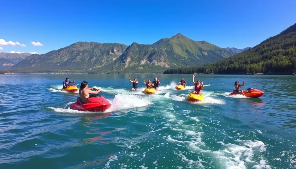 Generate an image of people enjoying water sports on Lake Most