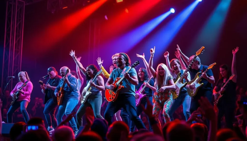 Generate an image of people enthusiastically playing air guitar on stage at the World Air Guitar Championships in Oulu, Finland.