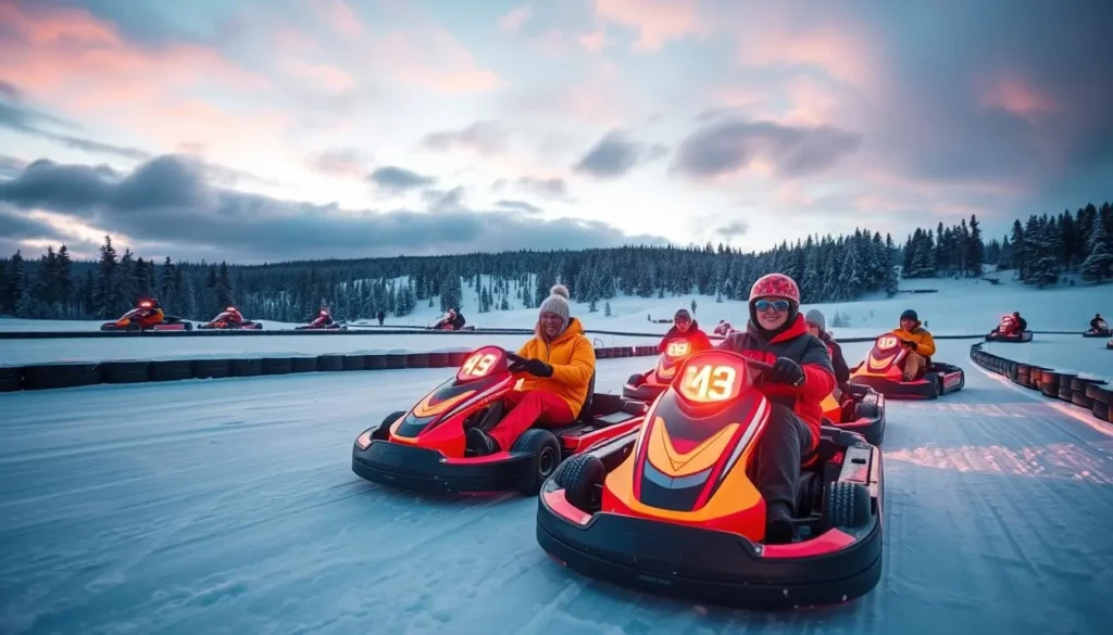 Generate an image of people ice karting on a frozen track in Levi, Finland.