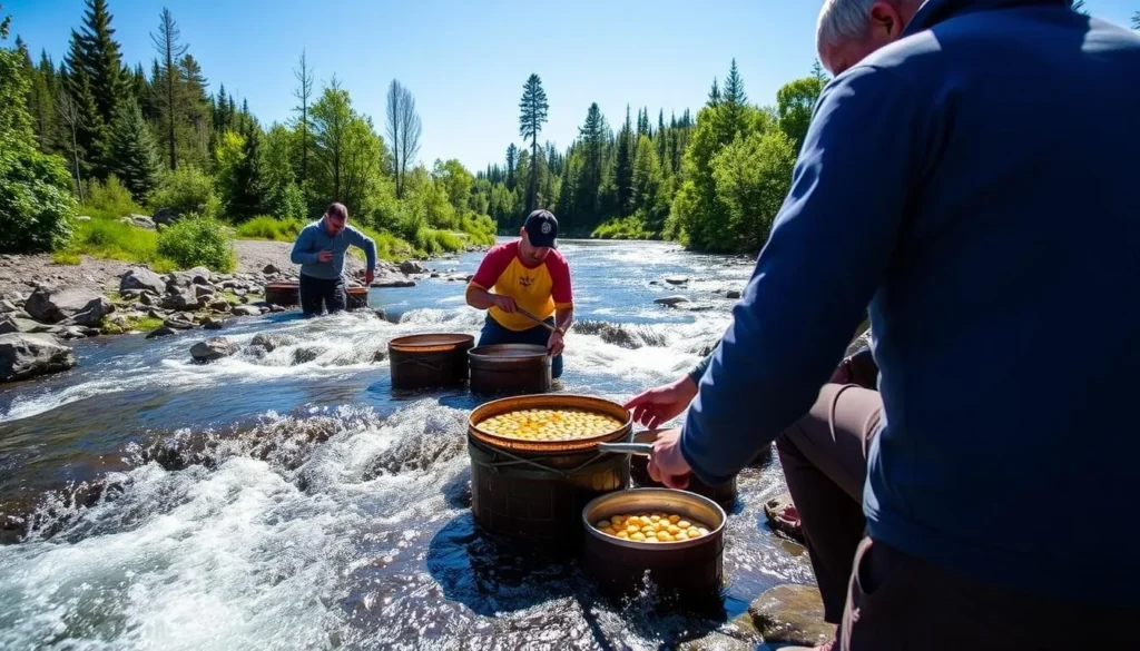 Generate an image of people panning for gold in a river at Tankavaara.