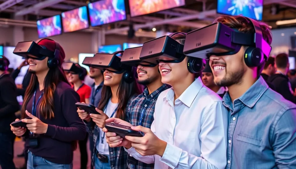 Generate an image of people wearing VR headsets and holding controllers, surrounded by futuristic gaming equipment.