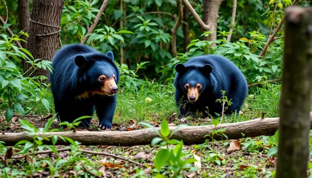 Generate an image of sloth bears in their natural habitat at Daroji Bear Sanctuary