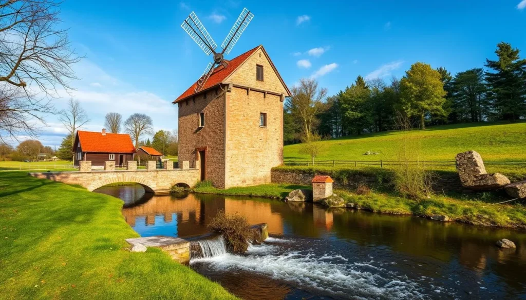 Generate an image of the 19th-century watermill in Ginučiai, Lithuania, with the Linkmenas stream flowing beneath it.