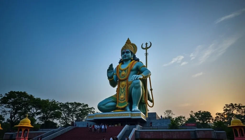 Generate an image of the 72-foot Hanuman statue at Hanumatdham, highlighting its grandeur and significance.