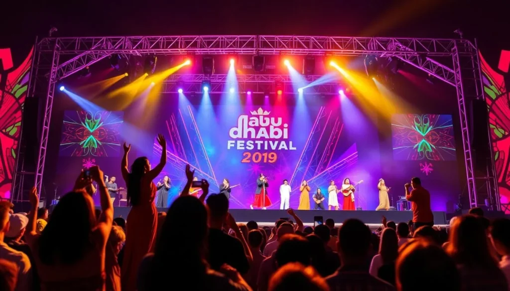 Generate an image of the Abu Dhabi Festival's main stage with diverse performers