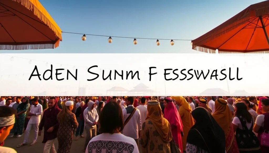 Generate an image of the Aden Summer Festival, featuring a blend of Arab, Indian, and European influences in music, food, and art.