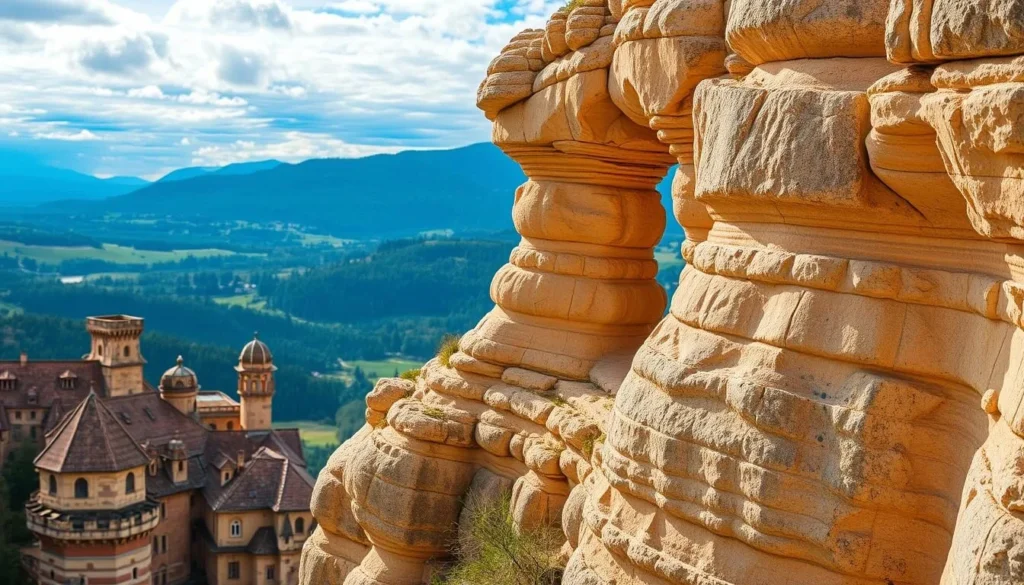Generate an image of the Adrspach-Teplice Rock Town featuring "The Lovers" sandstone formation.