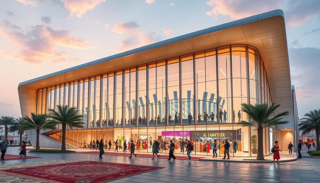 Generate an image of the Al Fanateer Cultural Center, highlighting its modern architecture and cultural events.