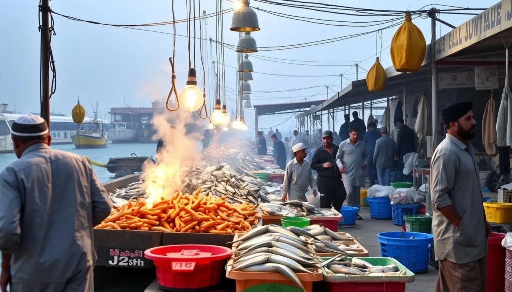 Generate an image of the Al Jubail Fish Market, capturing the lively atmosphere and local fishermen's skills.