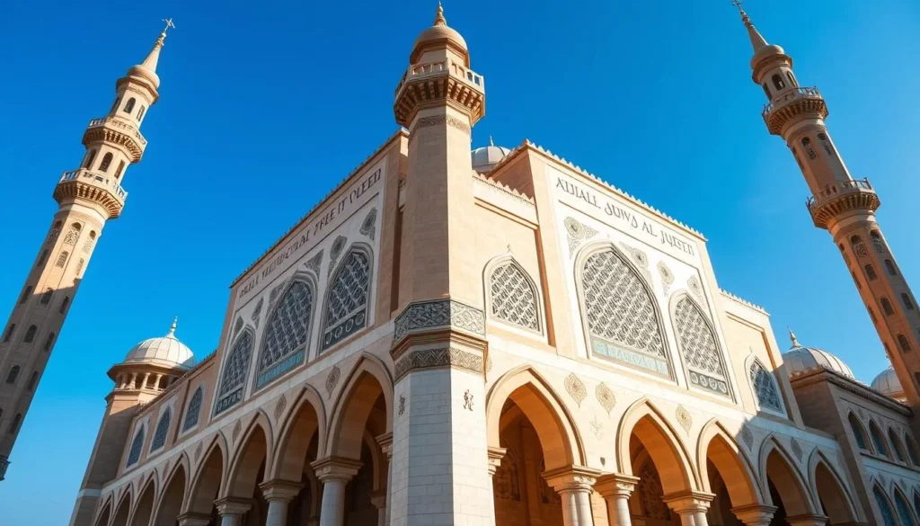 Generate an image of the Al Saleh Mosque in Sanaa, Yemen, showcasing its blend of modern Islamic architecture and traditional Yemeni design.