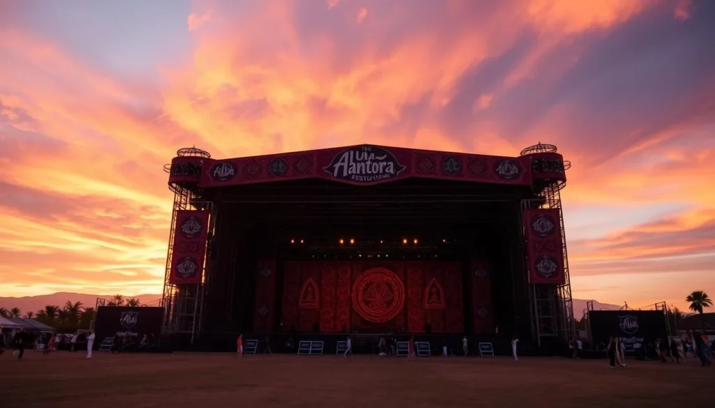 Generate an image of the AlUla Tantora Festival main stage at sunset.