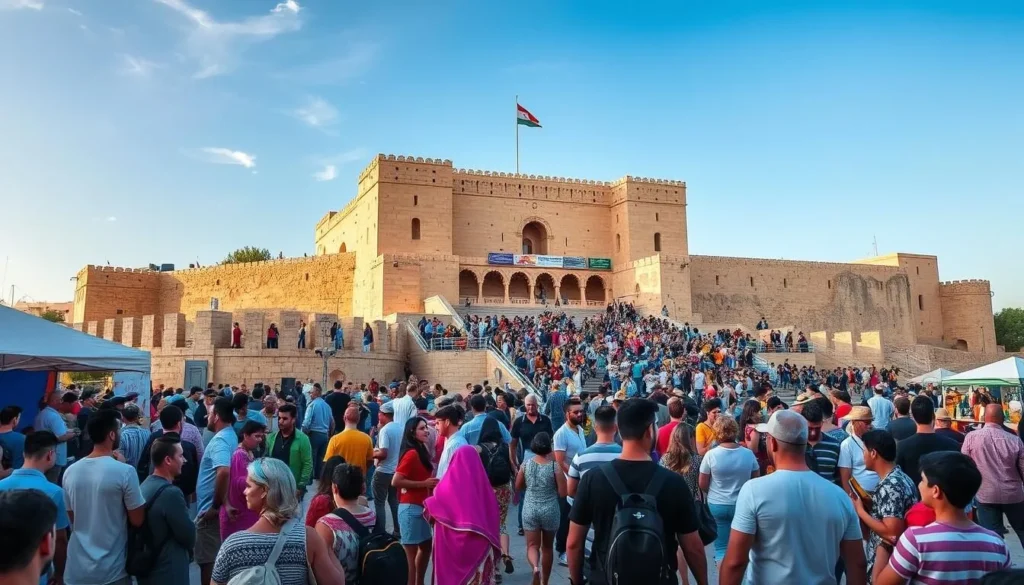 Generate an image of the Amman Citadel during the Jordan Festival, with a vibrant atmosphere and attendees enjoying various cultural performances.