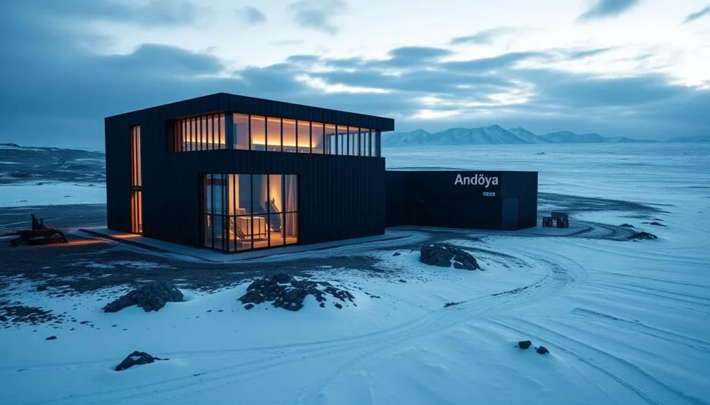 Generate an image of the Andøya Space Centre in Northern Norway, showcasing its unique architecture amidst the Arctic landscape.