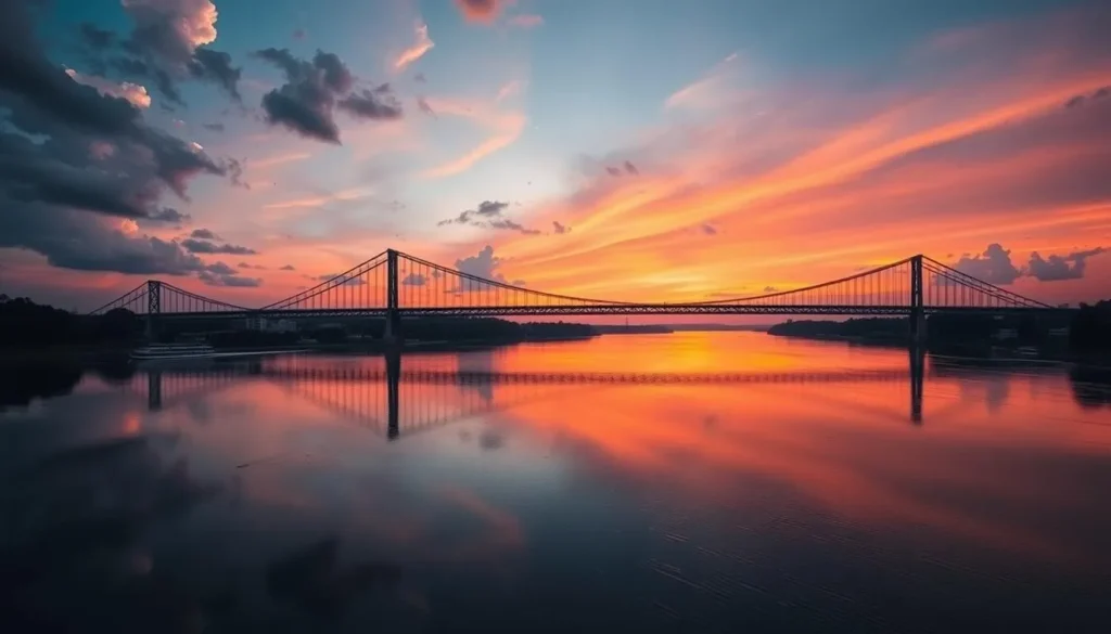 Generate an image of the Angostura Bridge at sunset with the Orinoco River below.