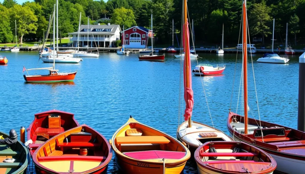 Generate an image of the Antique Boat Museum in Clayton, showcasing its collection of antique boats. Generate an image of the Antique Boat Museum in Clayton, showcasing its collection of antique boats.