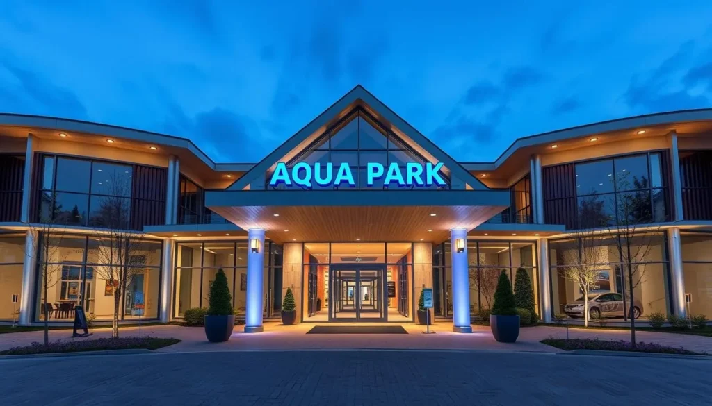 Generate an image of the Aqua Park Druskininkai's main entrance, showcasing its modern architecture and inviting atmosphere.