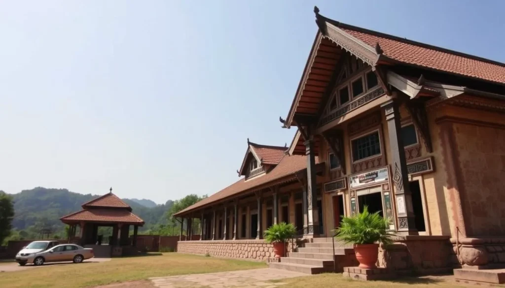 Generate an image of the Araku Tribal Museum's exterior, showcasing its traditional architecture.