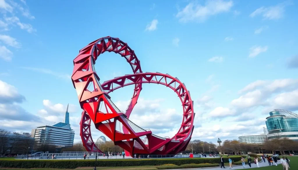 Generate an image of the ArcelorMittal Orbit, a red, twisty metal structure standing tall in London's Olympic Park.