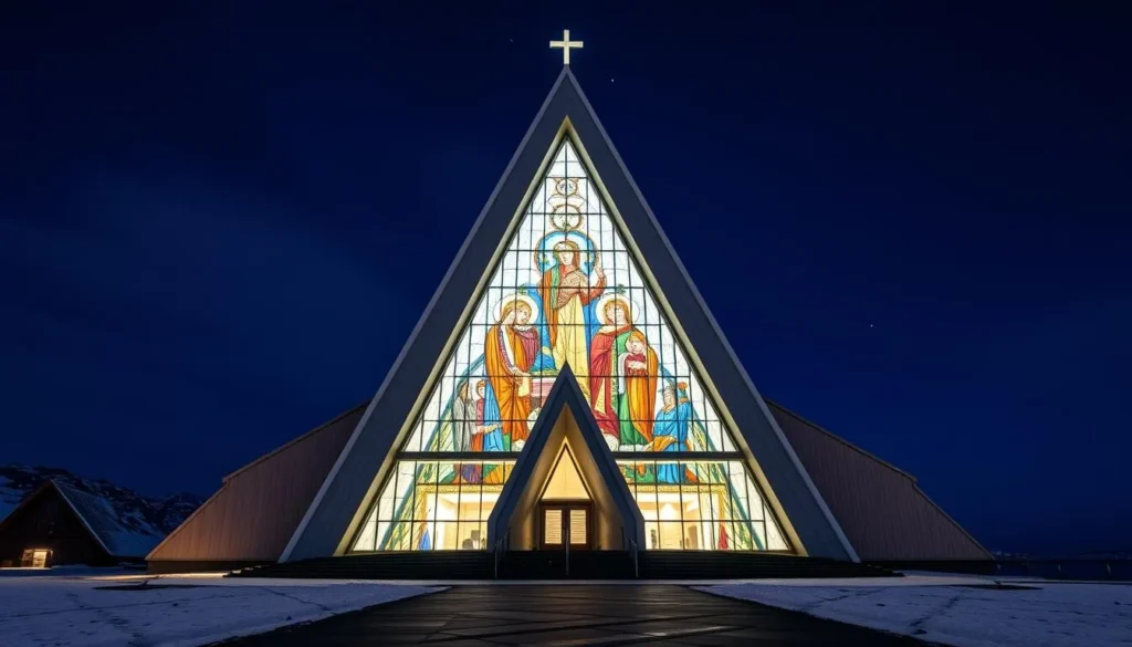 Generate an image of the Arctic Cathedral in Tromso, Norway, with its distinctive triangular architecture and massive stained-glass window illuminated at night.