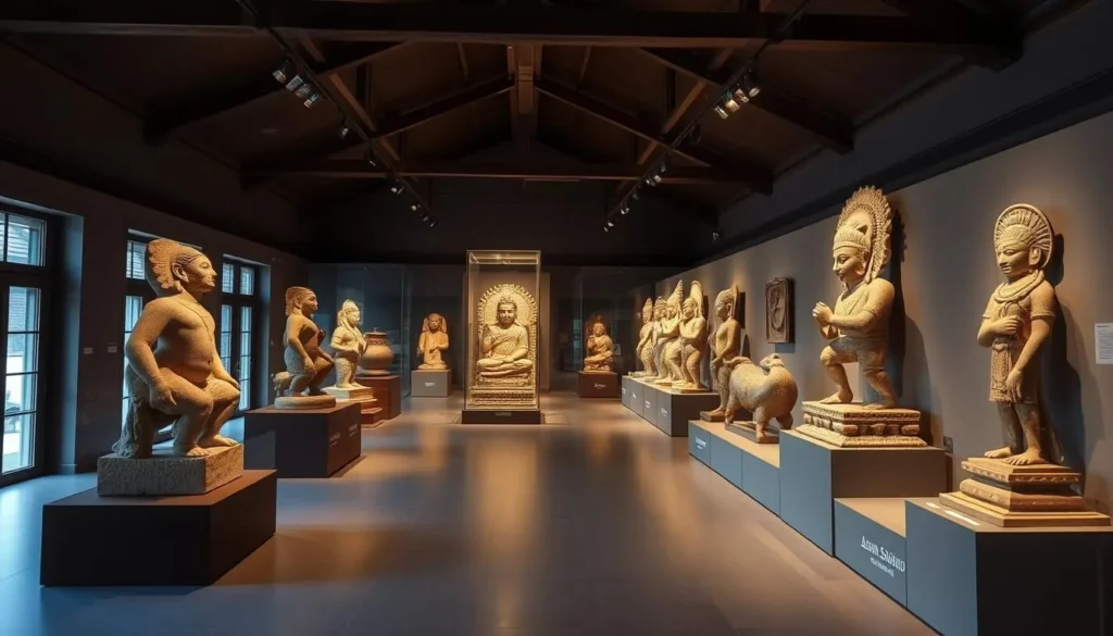 Generate an image of the Assam State Museum's gallery showcasing ancient Assamese sculptures.