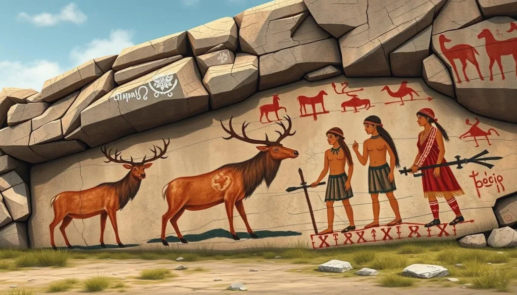 Generate an image of the Astuvansalmi rock paintings near Ristiina, Finland, featuring ancient images of elk and human figures.