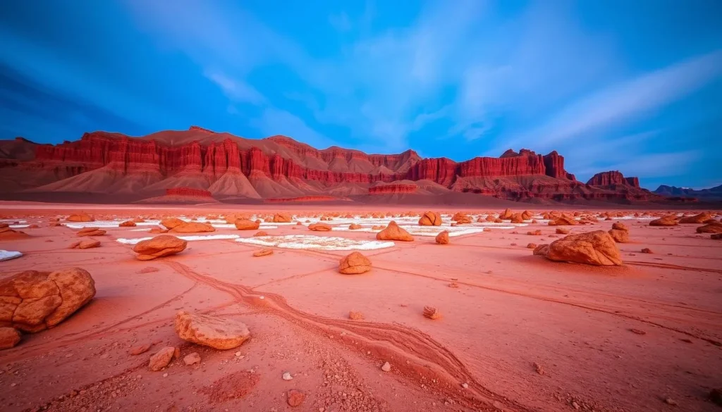 Generate an image of the Atacama Desert landscape at sunset, highlighting its unique geological features.