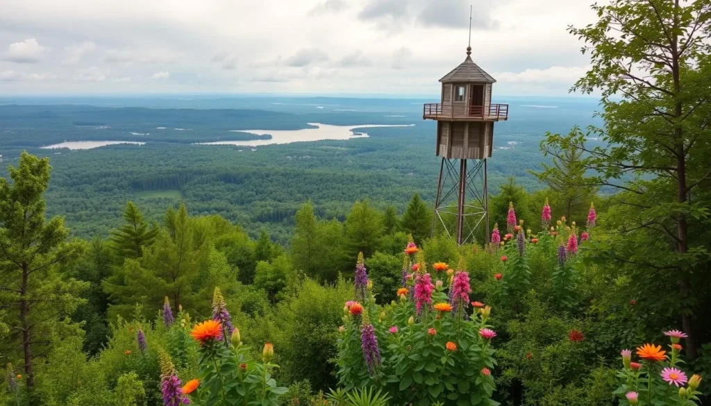 Generate an image of the Aulanko Nature Reserve's scenic landscape with its iconic observation tower.