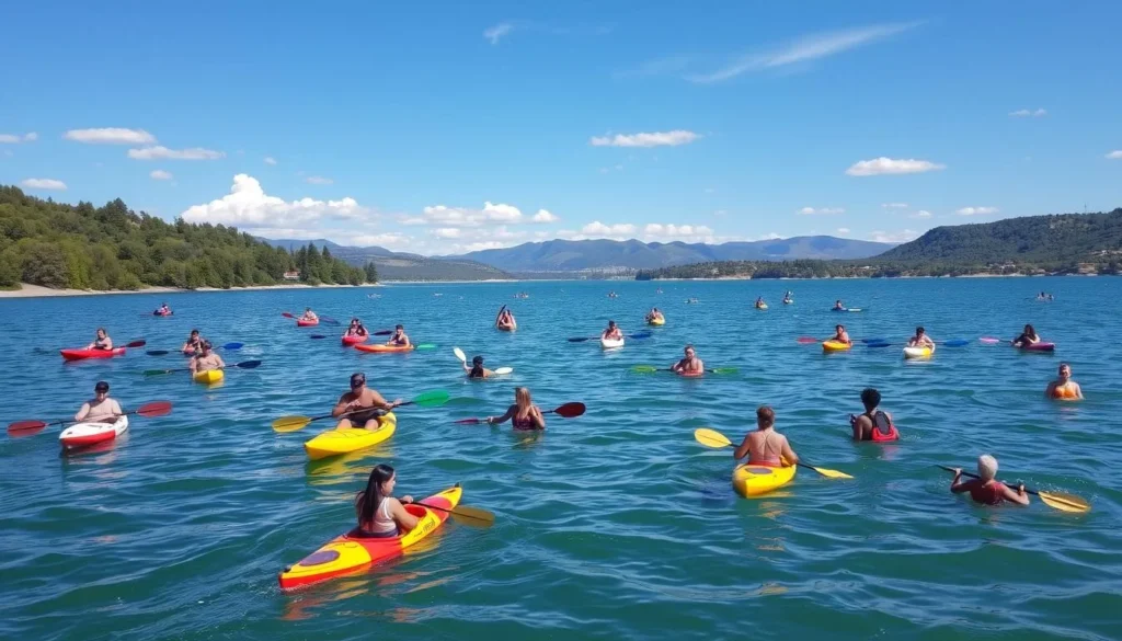 Generate an image of the Aurora Reservoir with people engaging in various water activities.