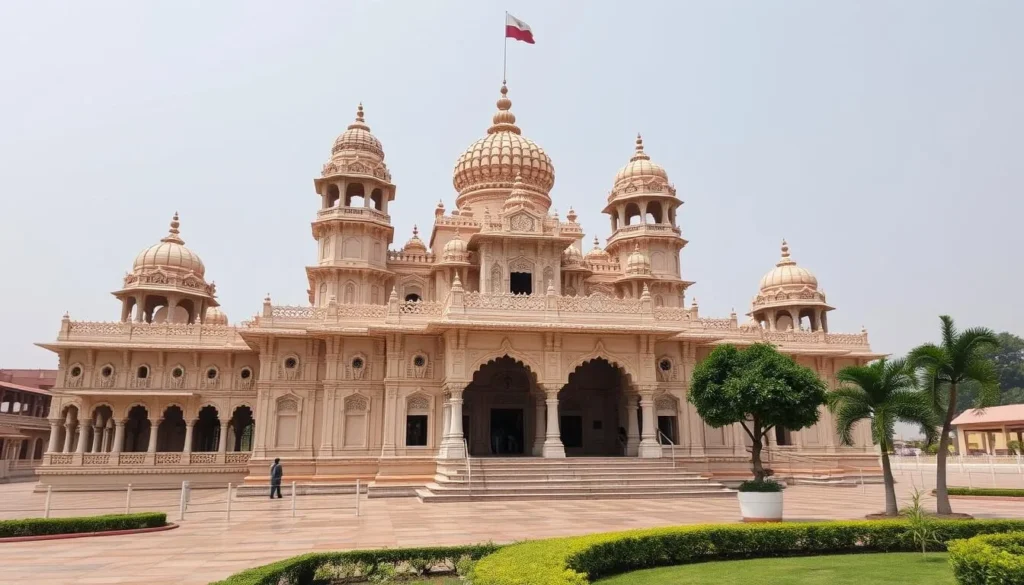 Generate an image of the BAPS Shri Swaminarayan Mandir's exterior, showcasing its intricate architecture and serene surroundings.