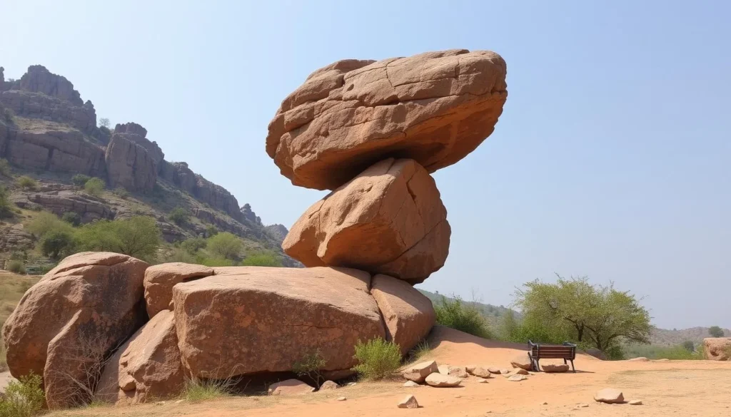 Generate an image of the Balancing Rock in Jabalpur, showcasing its unique geological formation.