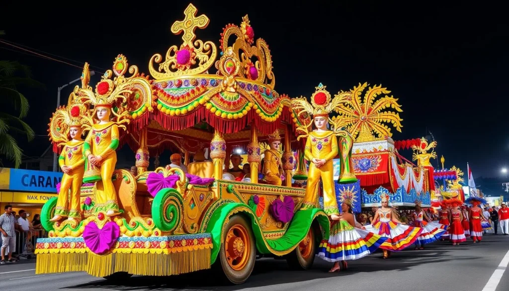 Generate an image of the Barranquilla Carnival's main parade featuring elaborate floats and traditional dance groups.