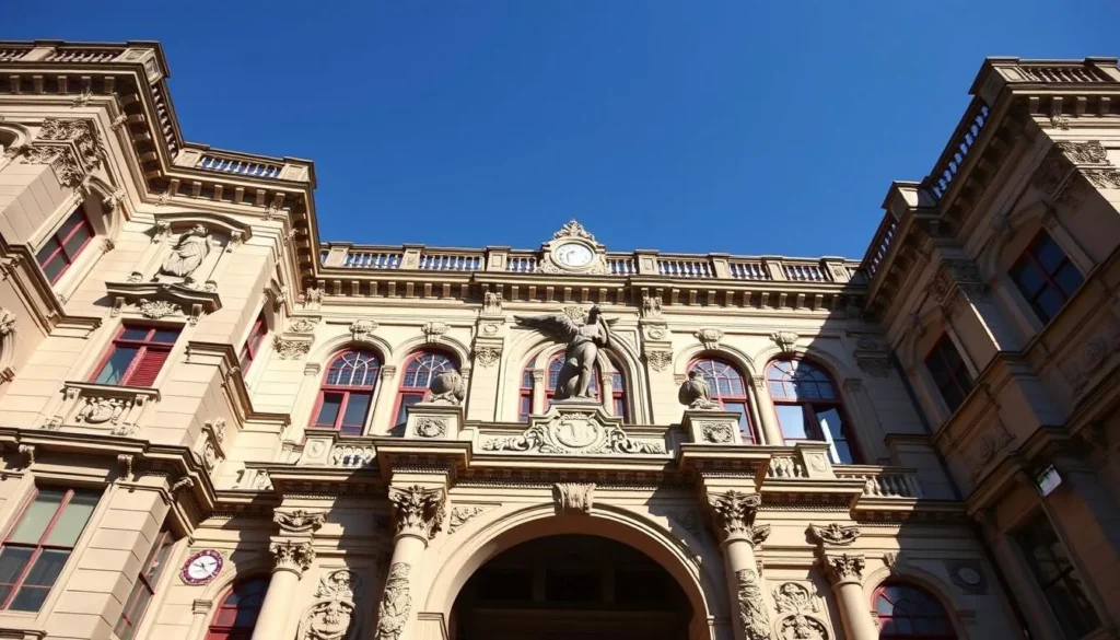 Generate an image of the Barton Library's grand facade with intricate carvings and ornate details.