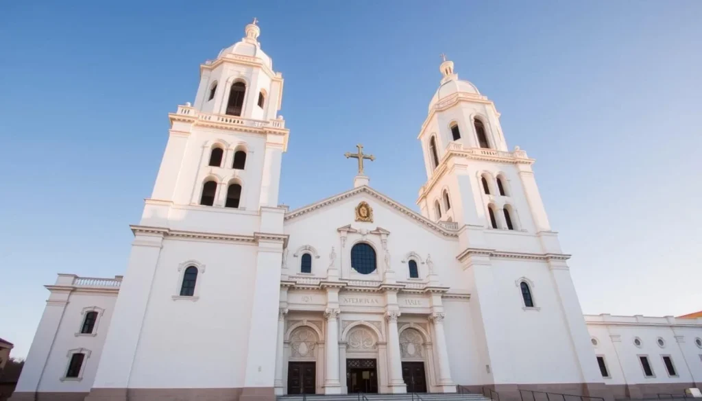 Generate an image of the Basilica Cathedral of Arequipa, highlighting its impressive white sillar façade and twin towers.