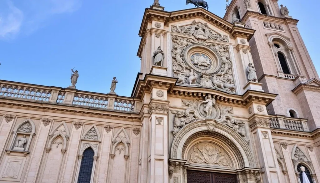 Generate an image of the Basilica Menor de San Cristobal's facade with its intricate carvings and sculptures.