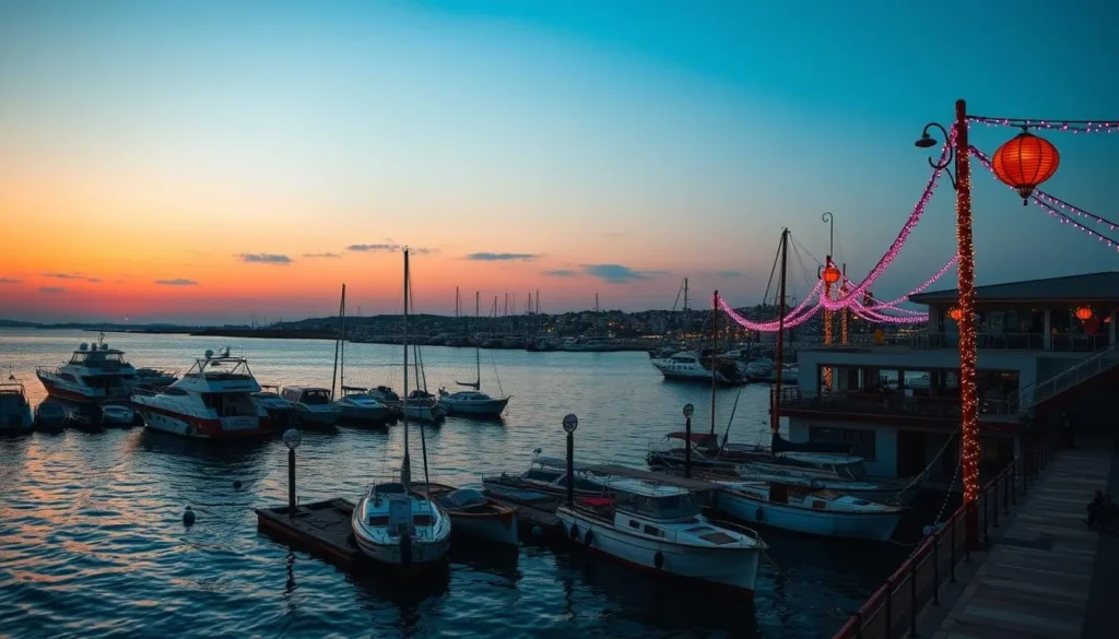 Generate an image of the Batroun harbor at sunset with festival decorations