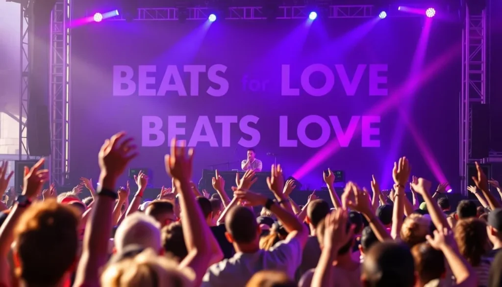Generate an image of the Beats for Love festival with DJs performing on stage and a dancing crowd.