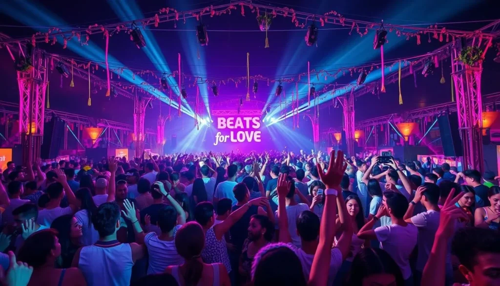 Generate an image of the Beats for Love festival with a large crowd dancing to electronic music.