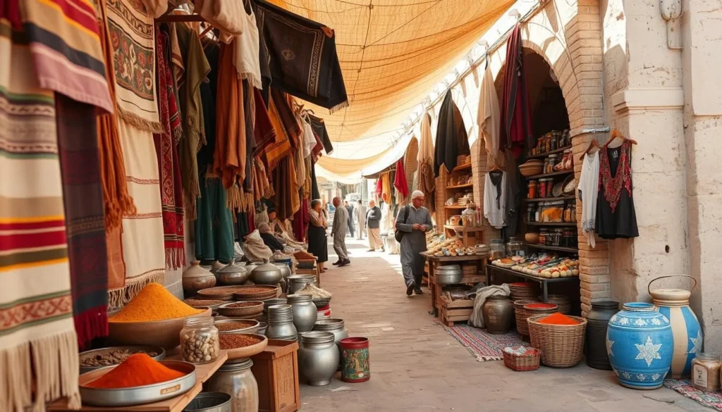 Generate an image of the Bedouin market in Be'er Sheva, showcasing the vibrant atmosphere and traditional goods on sale. Generate an image of the Bedouin market in Be'er Sheva, showcasing the vibrant atmosphere and traditional goods on sale.